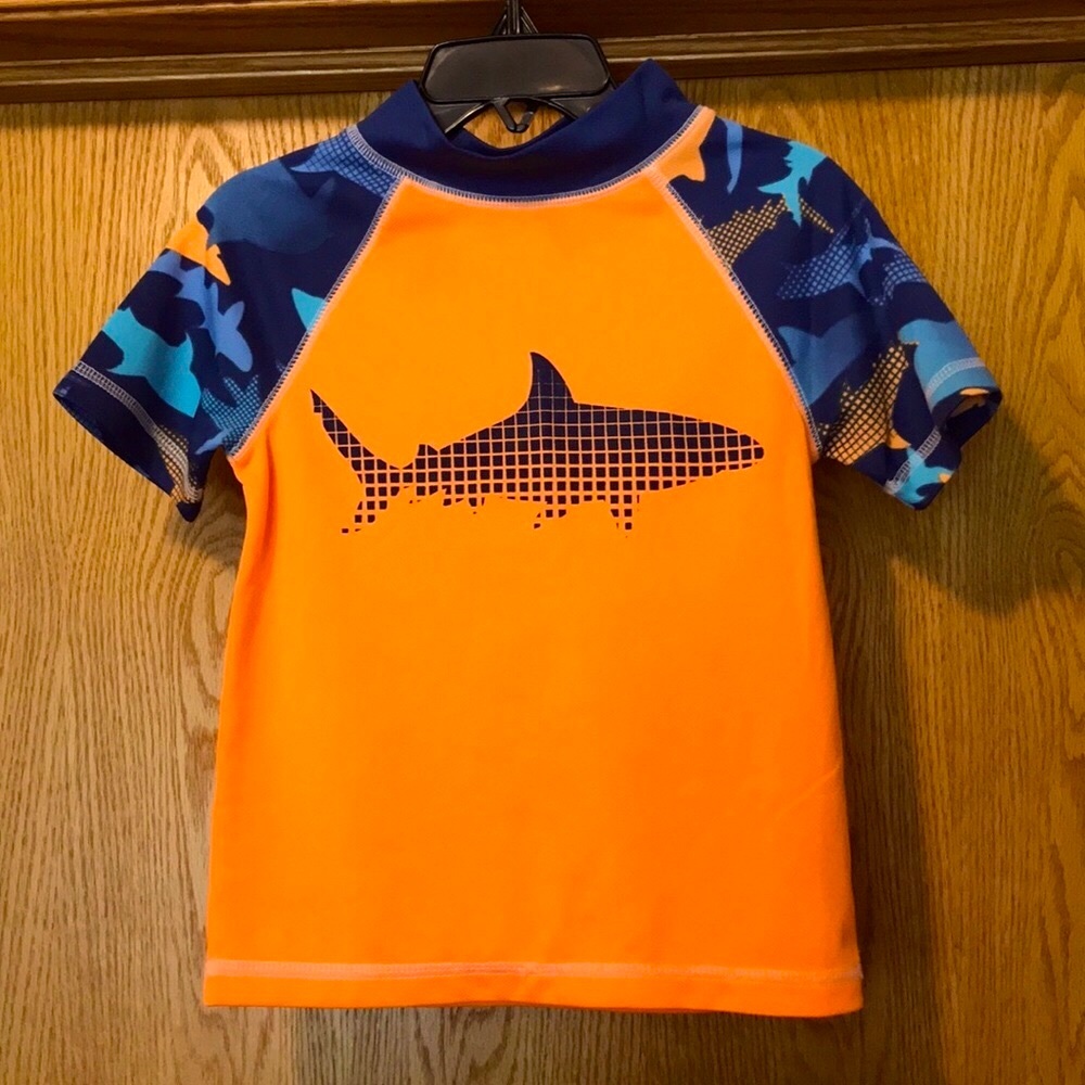 Jumping Beans Size 4 boy girl shark graphic neon orange blue rash guard swim top